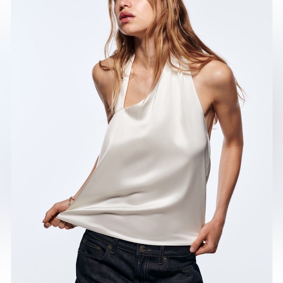 Zara NWT Asymmetrical satin white halter top with draped open back detail - Picture 3 of 9